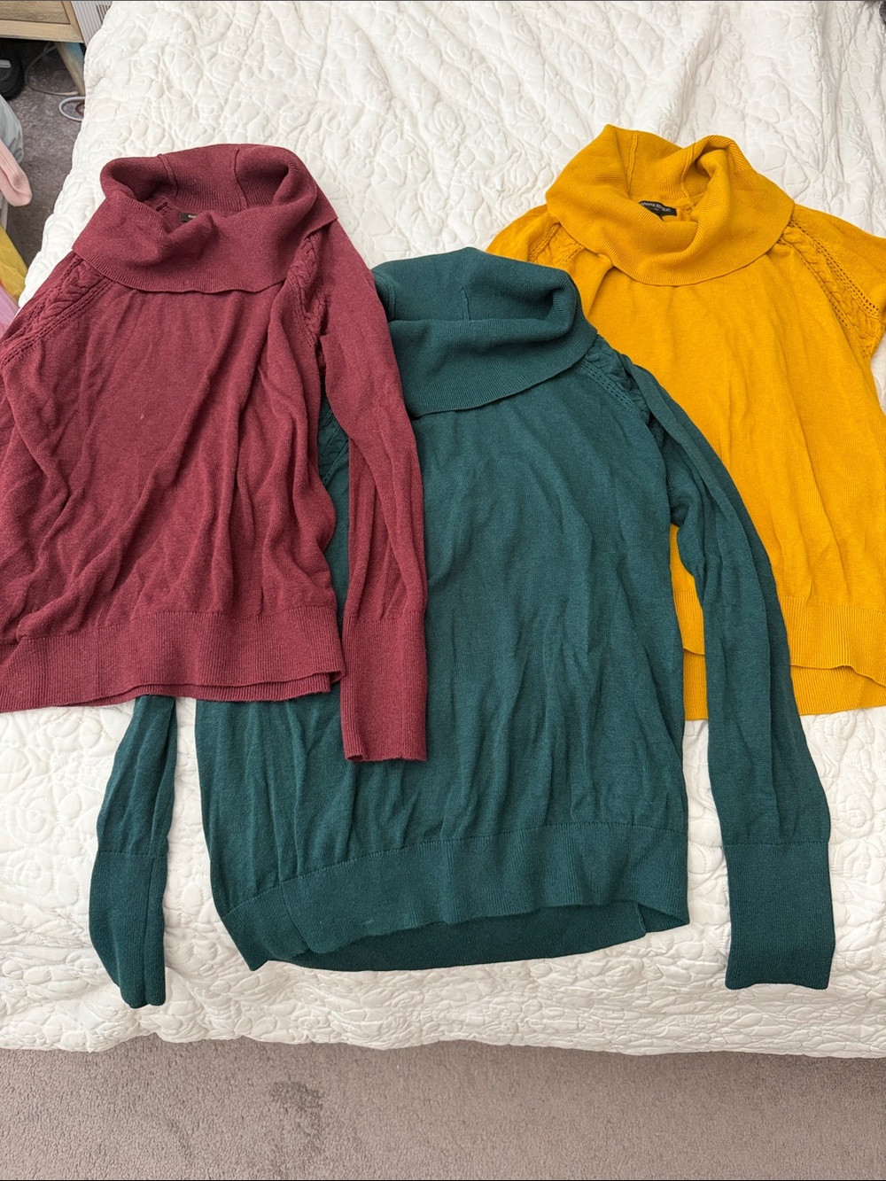 Banana Republic Cowl Neck Sweaters in Burgundy, Teal, Mustard